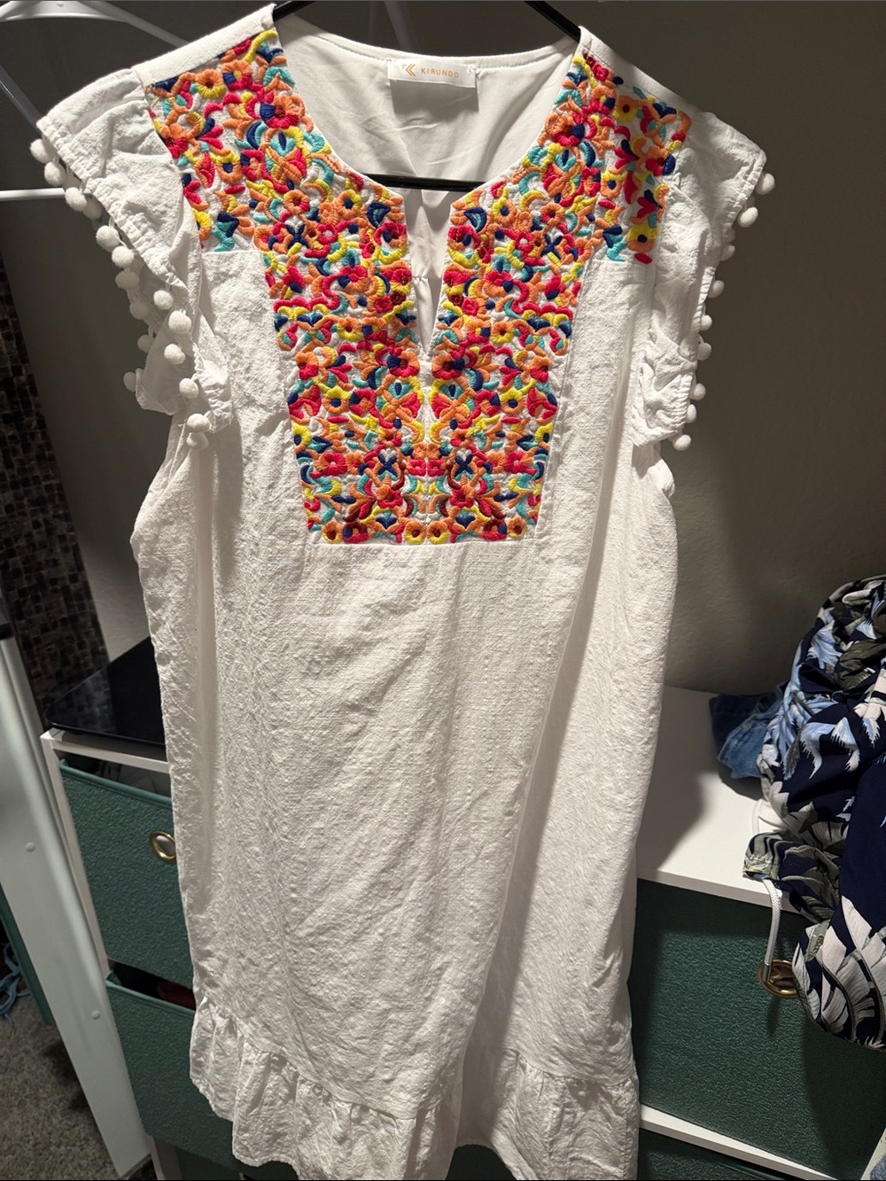 Kavaro White Midi Dress with Multicolor Embroidered Yoke